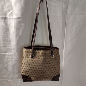 Brown Leather Trim Shoulder Bag with Honeycomb Pattern